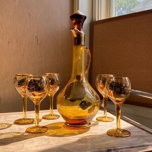 Vintage 50's Bohemian Amber Glass 22K Guilded Floral Rose Cruet Decanter & 5 Ste